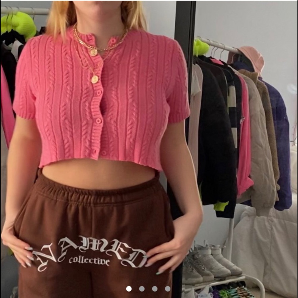 Pink cropped short sleeve button down sweater